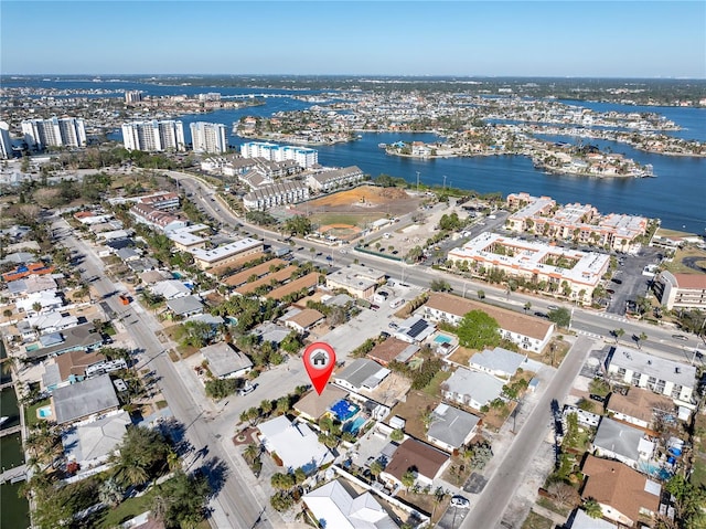 bird's eye view with a water view