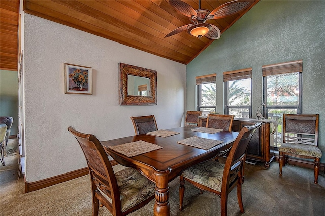 carpeted dining room featuring lofted ceiling, ceiling fan, and wood ceiling