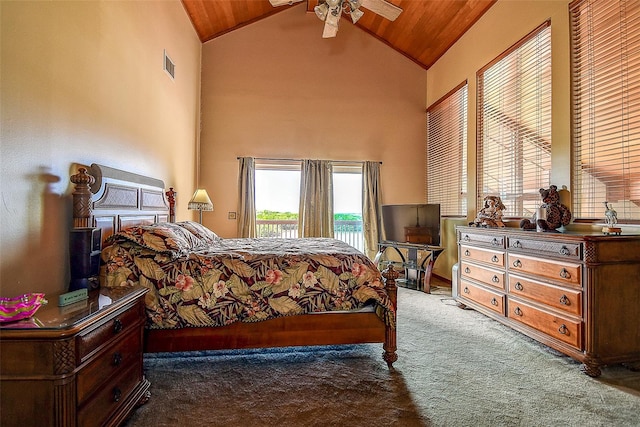 bedroom featuring carpet, high vaulted ceiling, and ceiling fan