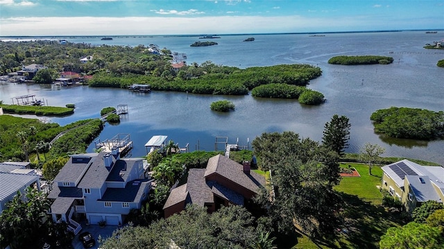 drone / aerial view with a water view