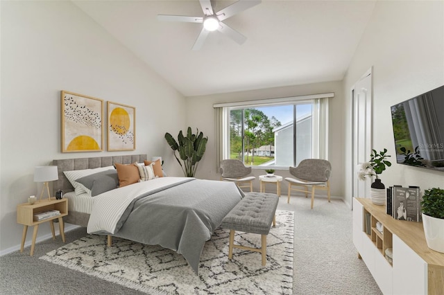 bedroom with lofted ceiling, carpet flooring, and ceiling fan