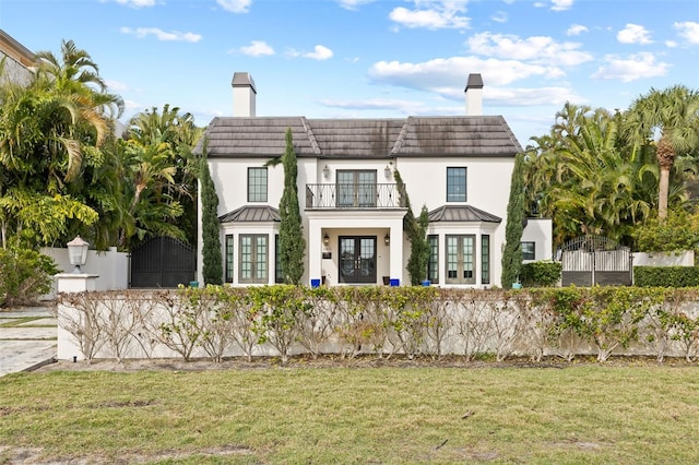 view of front facade with a balcony, a front yard, and french doors