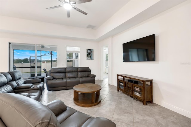 living room with ceiling fan