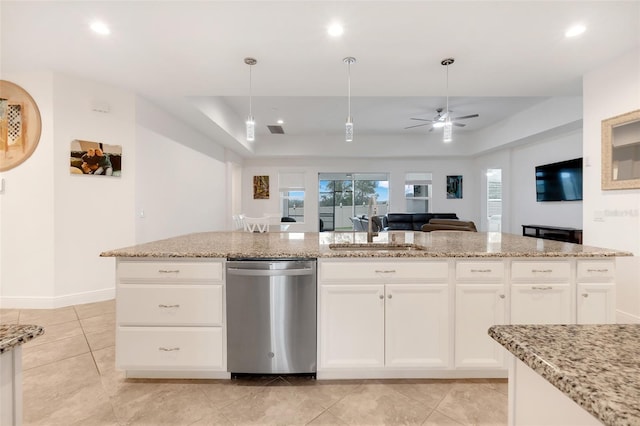 kitchen with sink, decorative light fixtures, white cabinetry, dishwasher, and ceiling fan