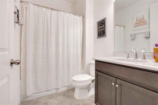 full bathroom with toilet, shower / tub combo, vanity, and tile patterned flooring