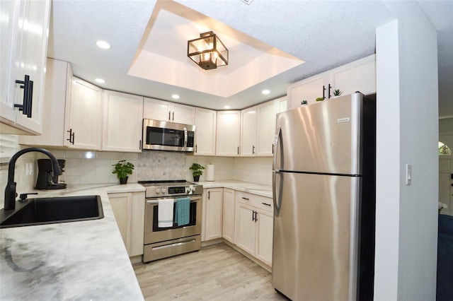 kitchen with appliances with stainless steel finishes, a tray ceiling, light hardwood / wood-style flooring, and sink