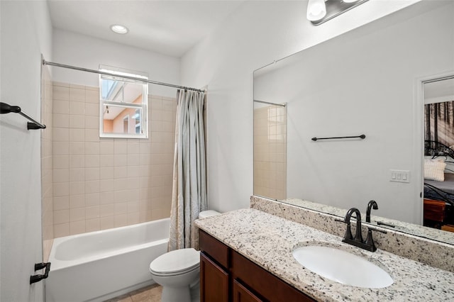 full bathroom with vanity, toilet, and shower / bathtub combination with curtain