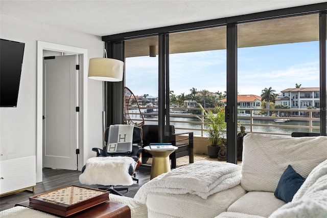 living room featuring hardwood / wood-style floors, a healthy amount of sunlight, and a water view