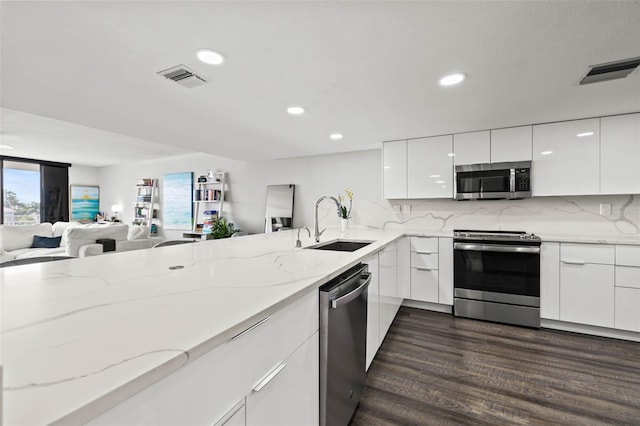 kitchen with white cabinets, dark hardwood / wood-style flooring, stainless steel appliances, and plenty of natural light