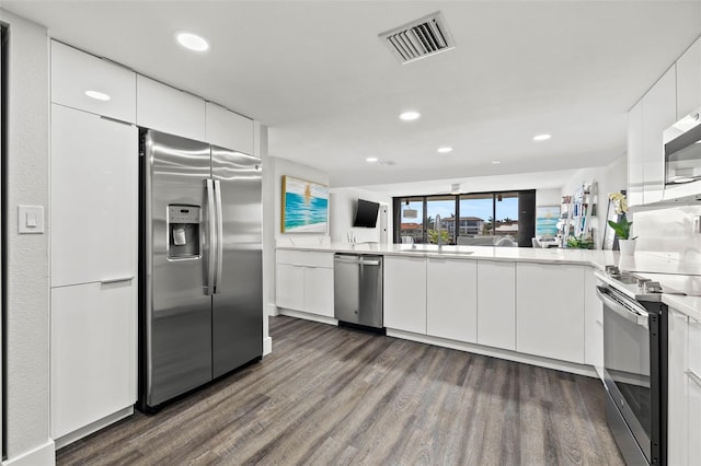 kitchen with white cabinetry, dark wood-type flooring, and appliances with stainless steel finishes