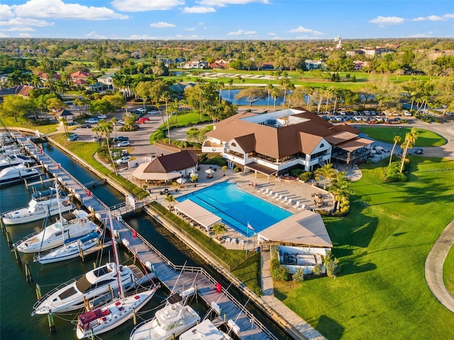 drone / aerial view with a water view