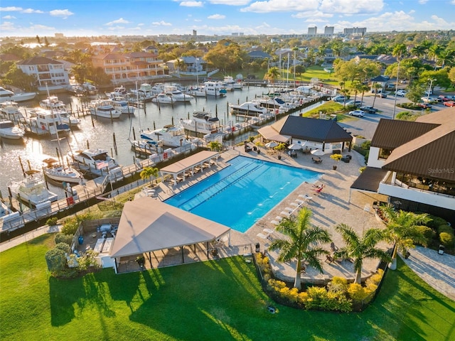 drone / aerial view with a water view