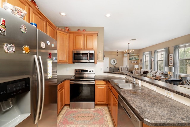 kitchen featuring pendant lighting, an inviting chandelier, sink, decorative backsplash, and stainless steel appliances