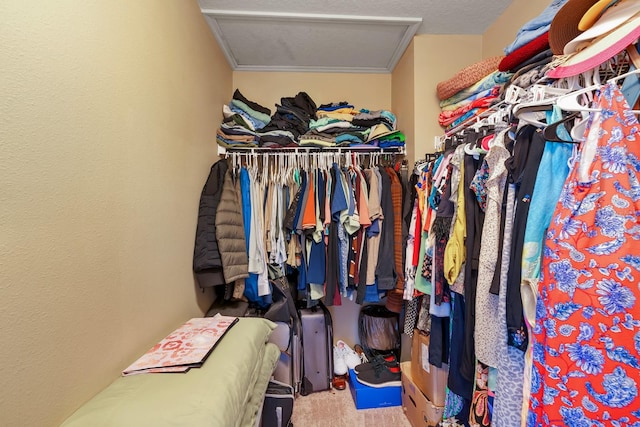 walk in closet with carpet flooring