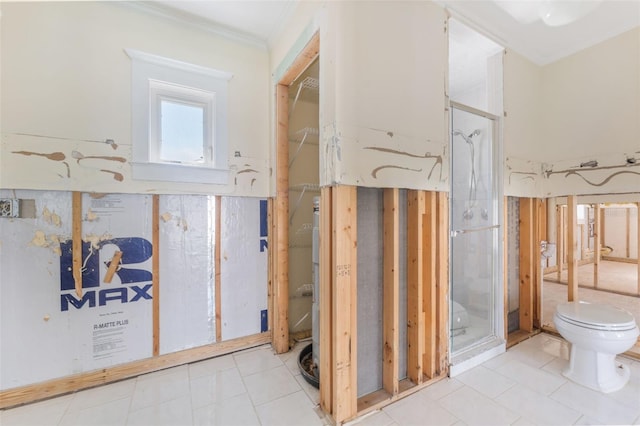 bathroom featuring crown molding and toilet