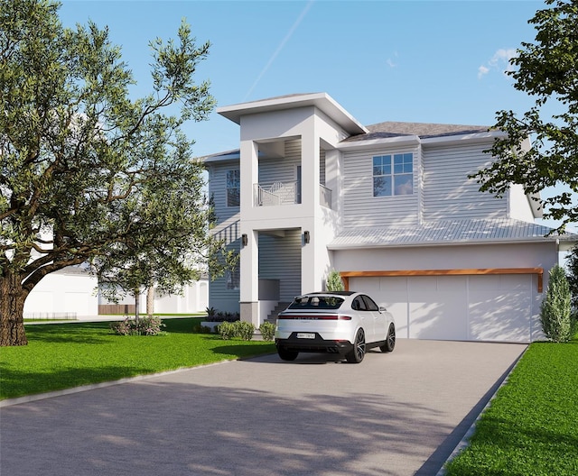 contemporary home featuring a garage, a front yard, and a balcony