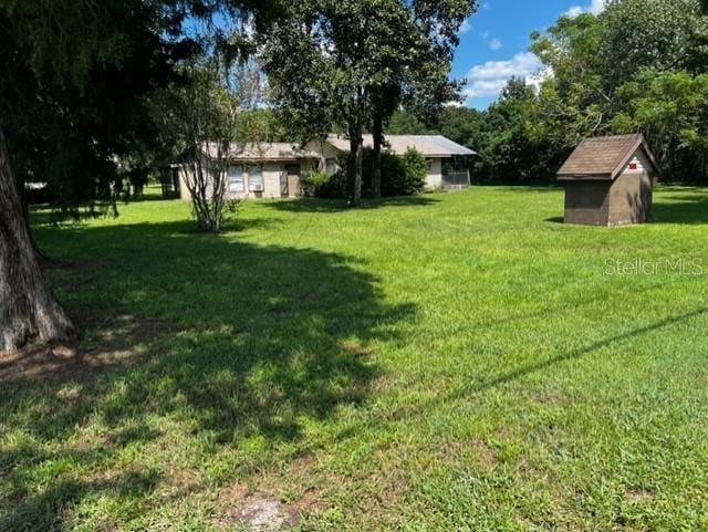 view of yard with a storage shed