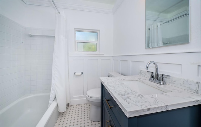 full bathroom with vanity, toilet, shower / tub combo, and crown molding