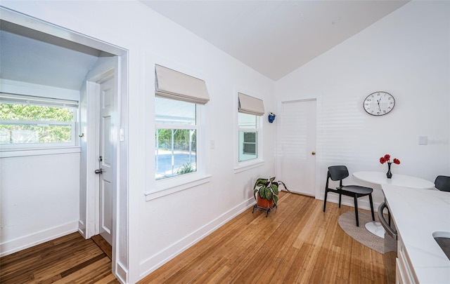 interior space featuring a wealth of natural light, light hardwood / wood-style flooring, and lofted ceiling