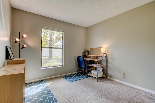 office area with a textured ceiling and light colored carpet