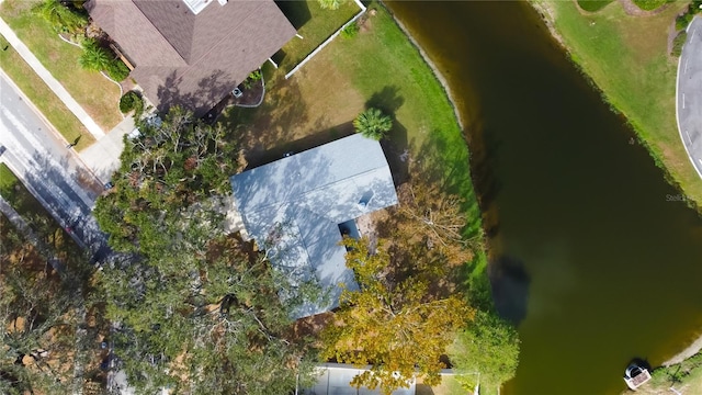 drone / aerial view with a water view