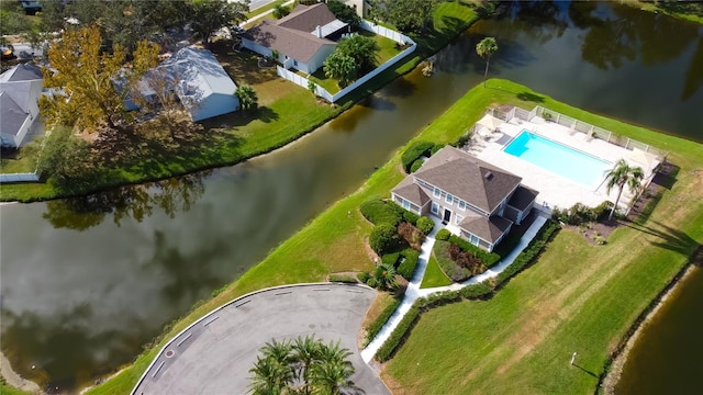 drone / aerial view featuring a water view