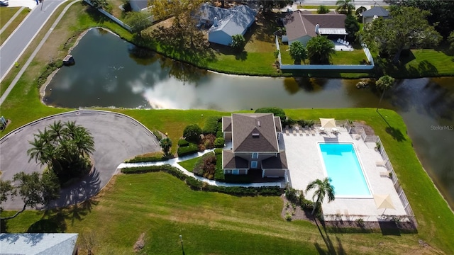 drone / aerial view with a water view