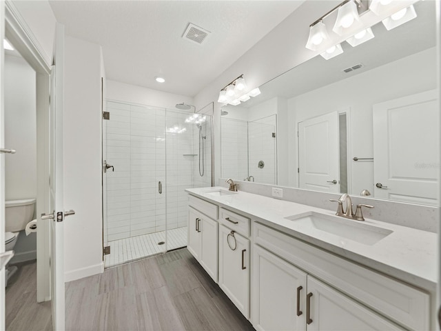 bathroom featuring a shower with door, vanity, and toilet