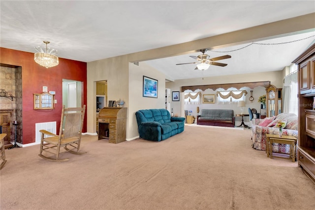 carpeted living room with beamed ceiling and ceiling fan with notable chandelier