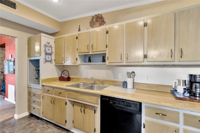 kitchen featuring dishwasher, sink, dark hardwood / wood-style floors, ornamental molding, and light brown cabinetry