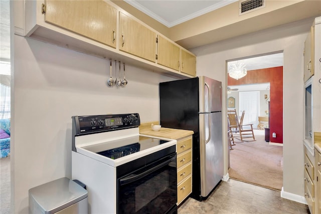 kitchen with stainless steel fridge, light colored carpet, white range with electric stovetop, crown molding, and light brown cabinets