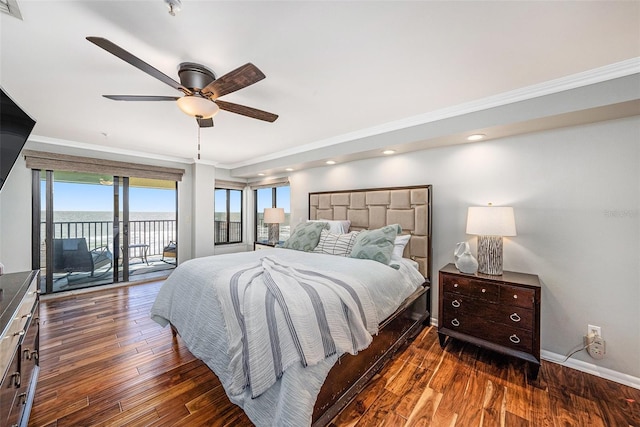 bedroom with access to exterior, ceiling fan, dark hardwood / wood-style flooring, and ornamental molding