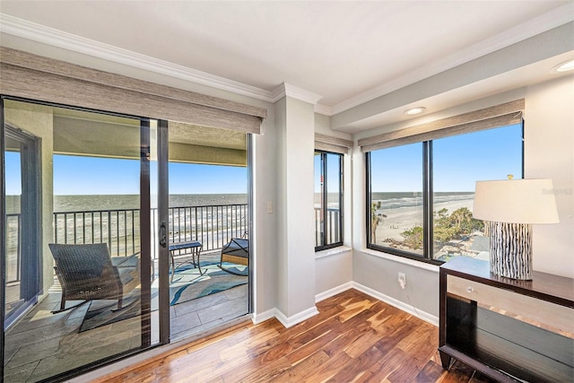 interior space featuring a beach view, a water view, and a healthy amount of sunlight