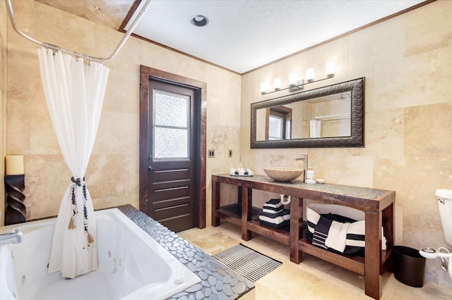 bathroom featuring shower / bathtub combination with curtain, sink, crown molding, tile walls, and a textured ceiling