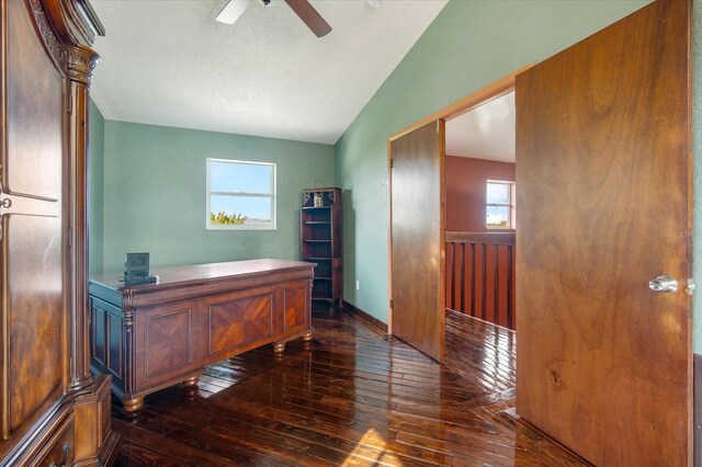 office space with ceiling fan, lofted ceiling, and dark hardwood / wood-style flooring