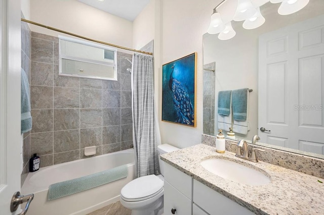 full bathroom featuring shower / bath combination with curtain, vanity, and toilet