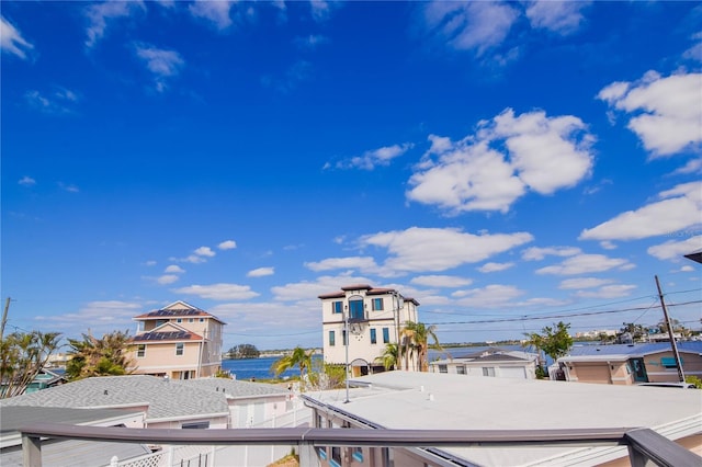 exterior space with a water view