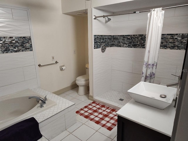 full bathroom with tile patterned flooring, toilet, sink, and plus walk in shower