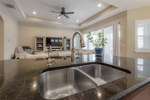 kitchen featuring a healthy amount of sunlight, dark stone countertops, and a tray ceiling