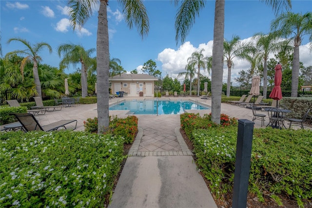 view of swimming pool featuring a patio