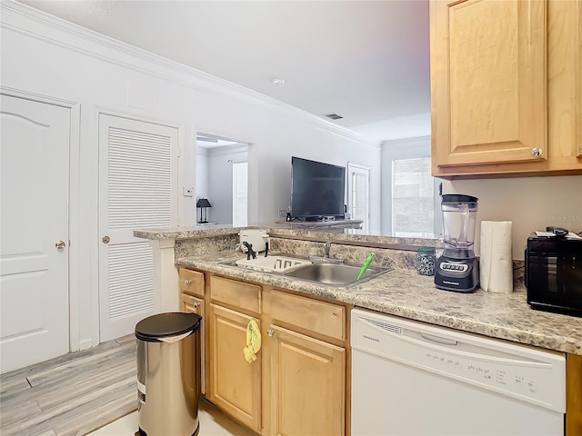 kitchen featuring white dishwasher, sink, crown molding, light hardwood / wood-style flooring, and light brown cabinetry