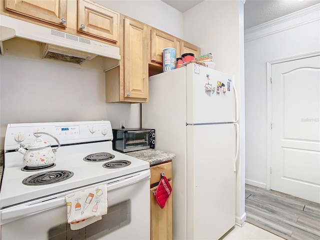 kitchen with light brown cabinets, white appliances, crown molding, and light hardwood / wood-style flooring