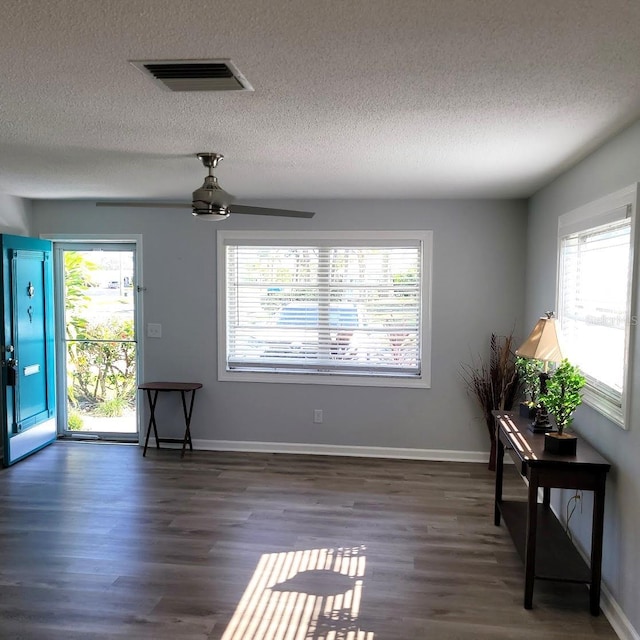 interior space featuring a textured ceiling, ceiling fan, and dark wood-type flooring