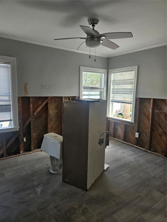 interior space with ceiling fan, ornamental molding, and wooden walls