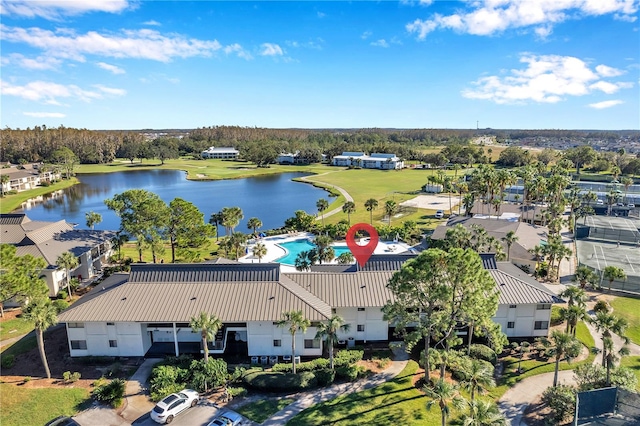 drone / aerial view featuring a water view