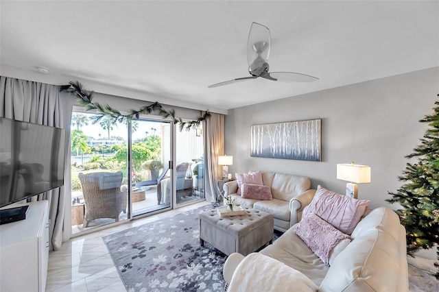 living room with ceiling fan