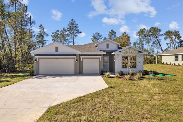 view of front of home featuring a front yard and a garage