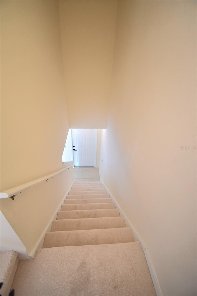 stairway featuring carpet flooring