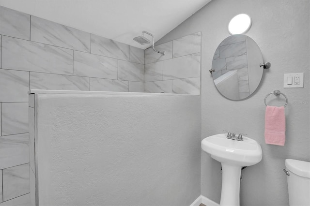 bathroom with vaulted ceiling and toilet