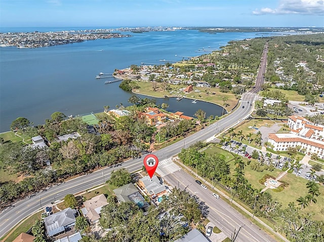 aerial view featuring a water view